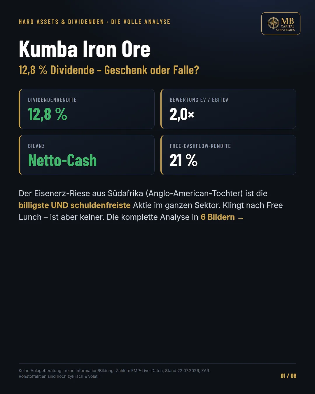 Kumba Iron Ore overview 2026 — 12.8% dividend yield, EV/EBITDA 2.0×, net cash, FCF yield 21%